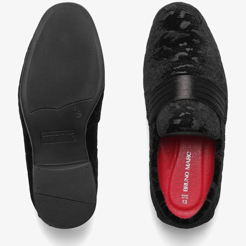 Bruno Mark PU Velvet Boys Black Dress Shoes Loafers with Red Lining size 13